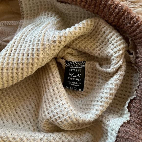 Pol Quilted Pieced Raw Edge Waffle Hooded Jacket S Oversized Brown Tan Cream - Picture 3 of 6